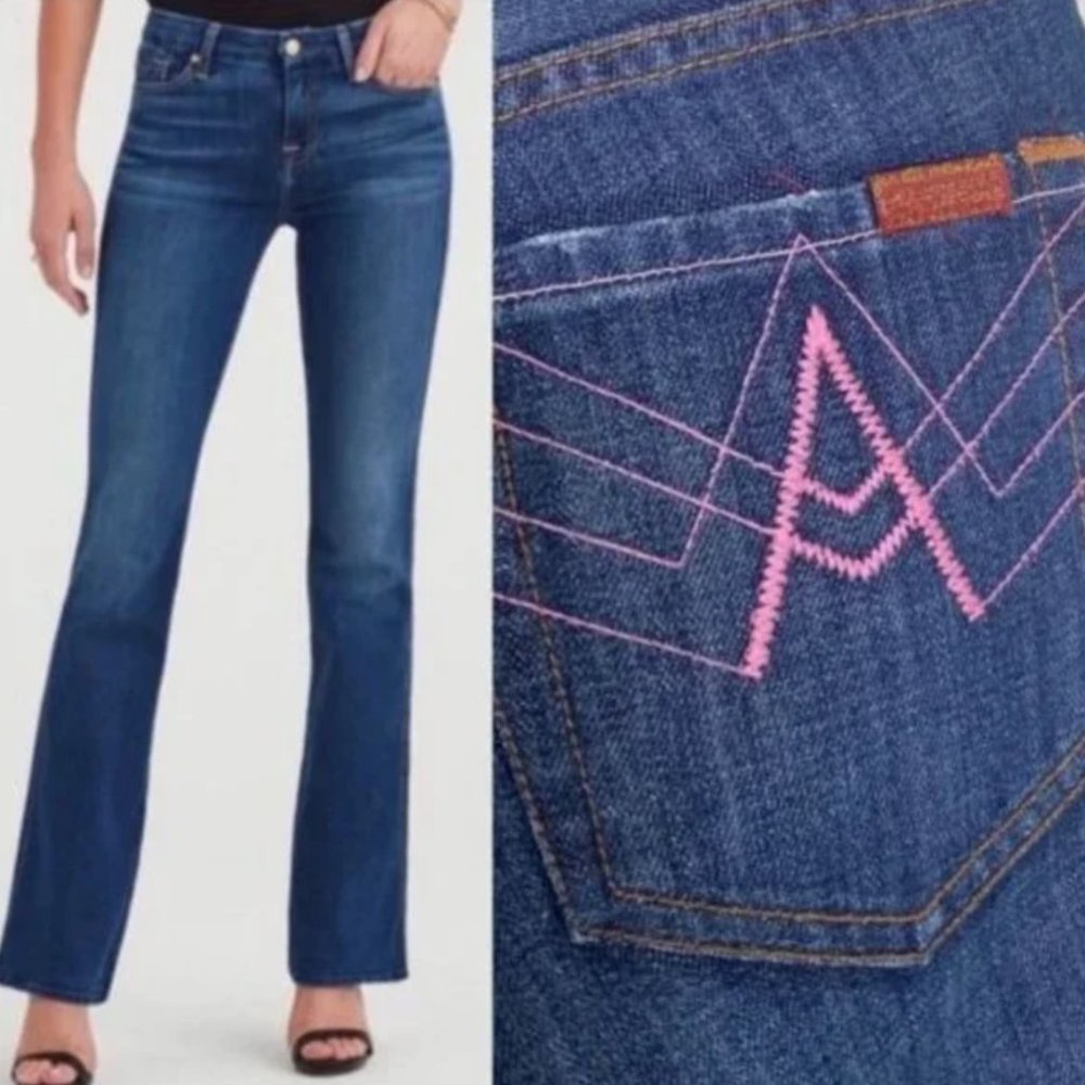 7 For All Mankind Jeans "A" Pocket Bootcut Dark Wash Denim Pink Stitch SZ 28 NEW - Picture 1 of 16